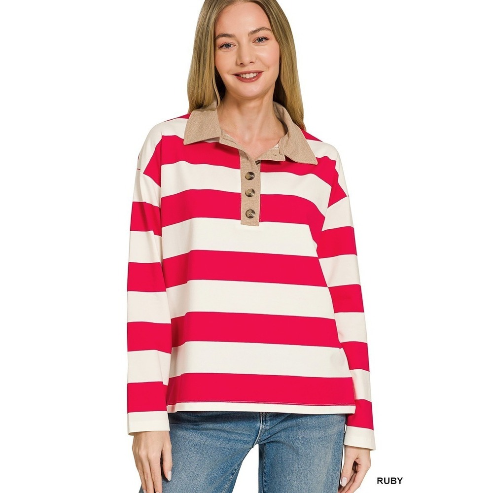 Zenana‎ Striped Contrast Collar Polo Top - Ruby - Large